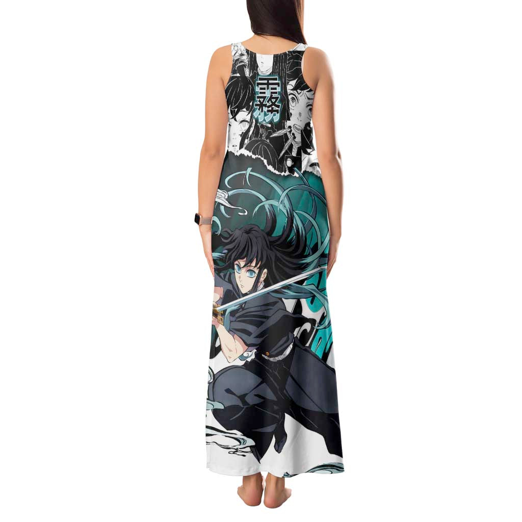 Muichiro Tokito Demon Slayer Mist Hashira Design Tank Maxi Dress with Manga Panels and Teal Sword Art - The Mazicc
