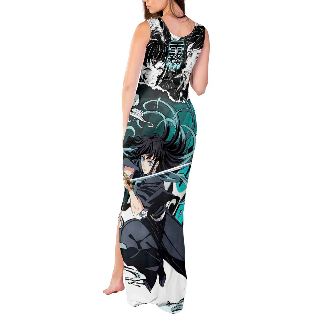 Muichiro Tokito Demon Slayer Mist Hashira Design Tank Maxi Dress with Manga Panels and Teal Sword Art - The Mazicc