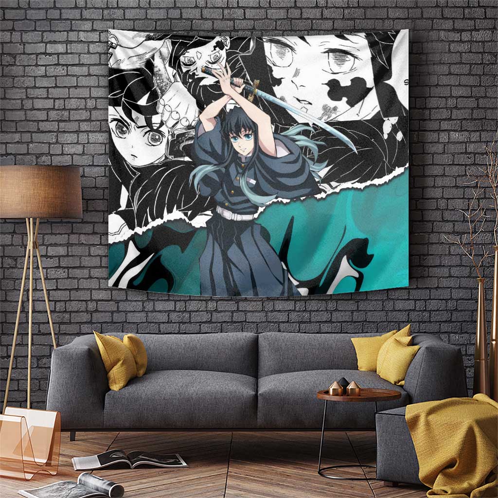 Muichiro Tokito Demon Slayer Mist Hashira Design Tapestry with Manga Panels and Teal Sword Art - The Mazicc