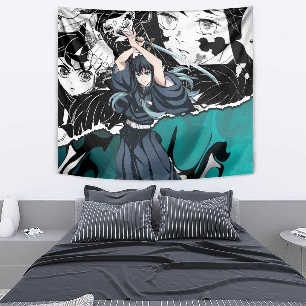 Muichiro Tokito Demon Slayer Mist Hashira Design Tapestry with Manga Panels and Teal Sword Art - The Mazicc