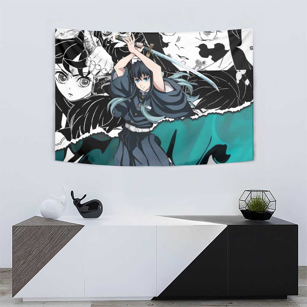 Muichiro Tokito Demon Slayer Mist Hashira Design Tapestry with Manga Panels and Teal Sword Art - The Mazicc