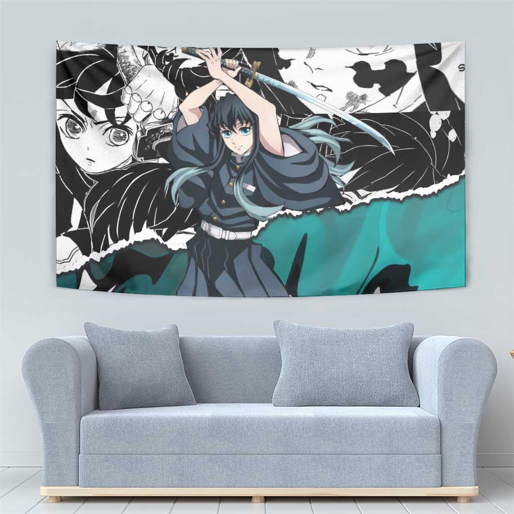 Muichiro Tokito Demon Slayer Mist Hashira Design Tapestry with Manga Panels and Teal Sword Art - The Mazicc