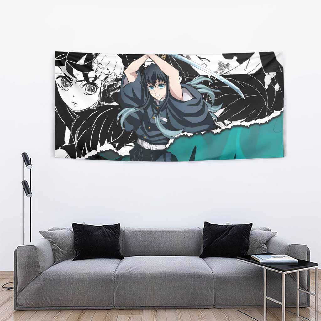 Muichiro Tokito Demon Slayer Mist Hashira Design Tapestry with Manga Panels and Teal Sword Art - The Mazicc
