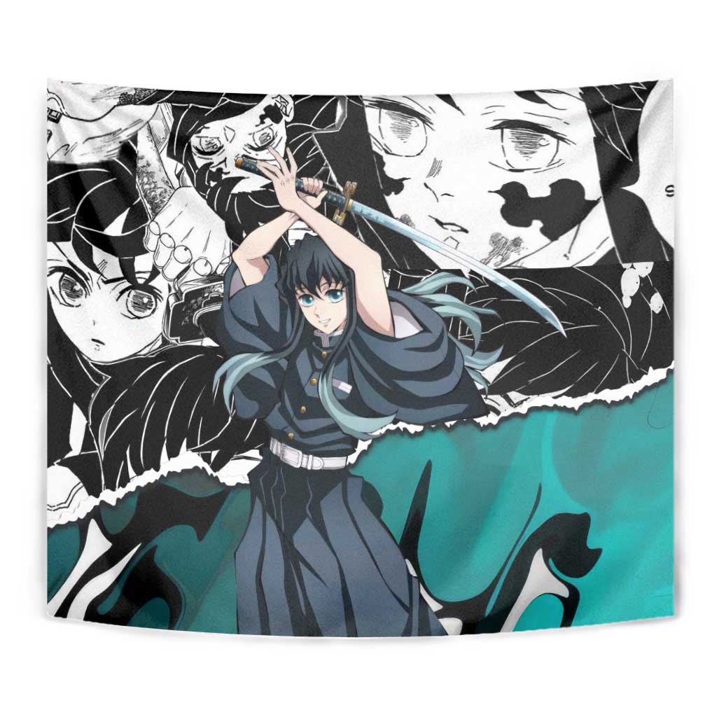Muichiro Tokito Demon Slayer Mist Hashira Design Tapestry with Manga Panels and Teal Sword Art - The Mazicc