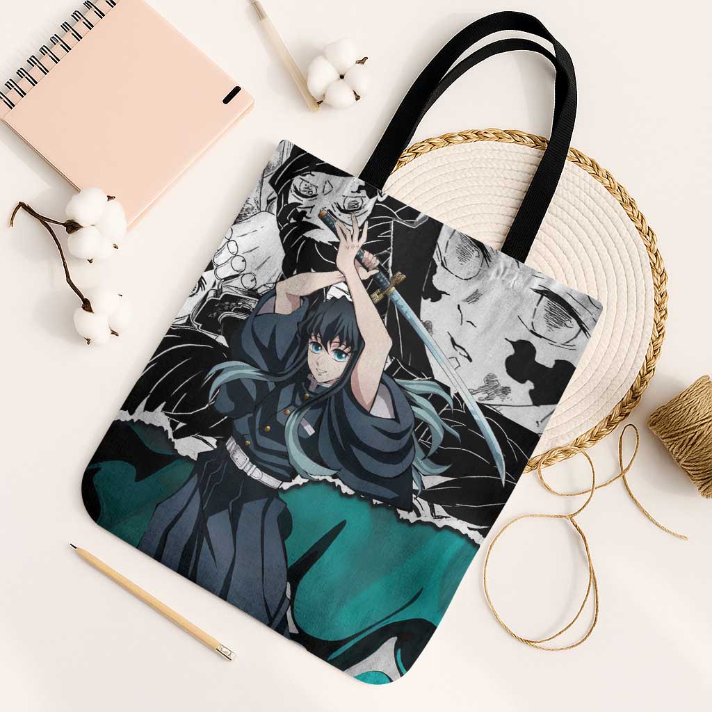 Muichiro Tokito Demon Slayer Mist Hashira Design Tote Bag with Manga Panels and Teal Sword Art - The Mazicc