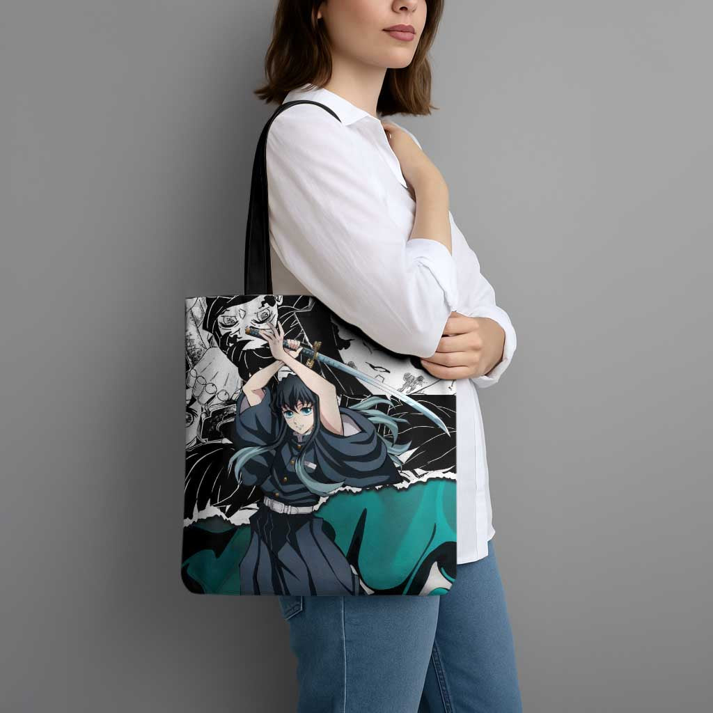 Muichiro Tokito Demon Slayer Mist Hashira Design Tote Bag with Manga Panels and Teal Sword Art - The Mazicc