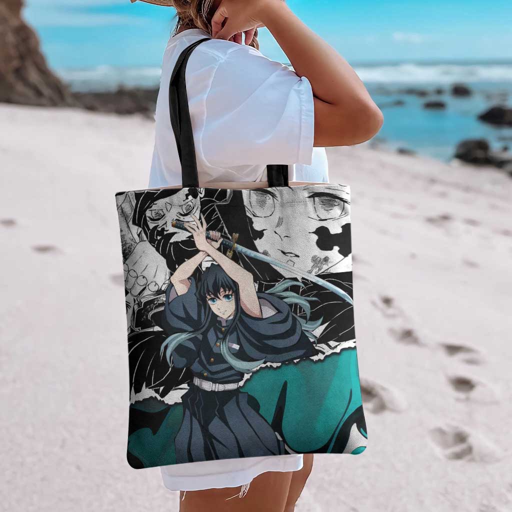 Muichiro Tokito Demon Slayer Mist Hashira Design Tote Bag with Manga Panels and Teal Sword Art - The Mazicc