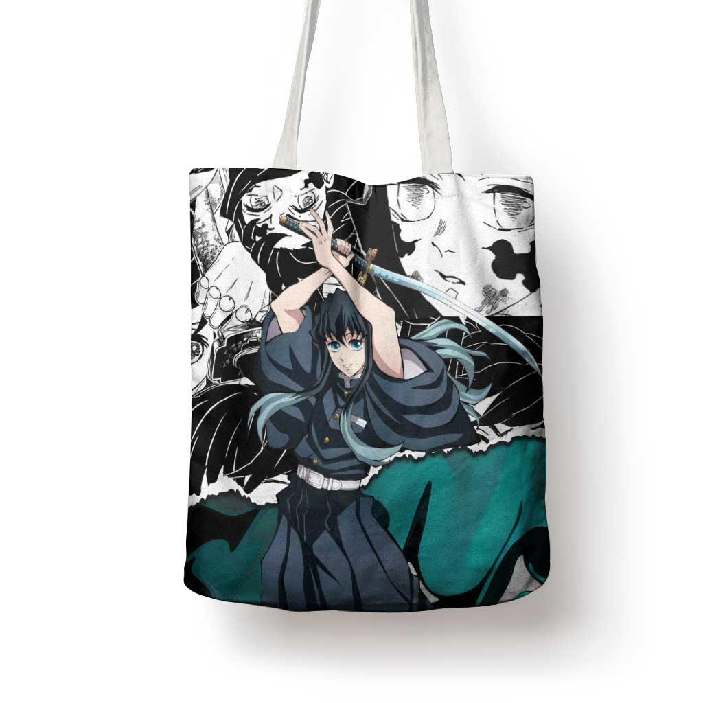 Muichiro Tokito Demon Slayer Mist Hashira Design Tote Bag with Manga Panels and Teal Sword Art - The Mazicc