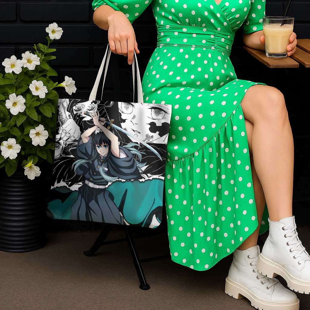 Muichiro Tokito Demon Slayer Mist Hashira Design Tote Bag with Manga Panels and Teal Sword Art - The Mazicc