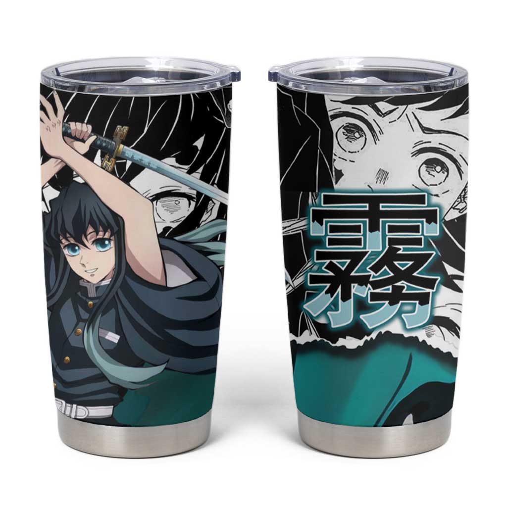 Muichiro Tokito Demon Slayer Mist Hashira Design Tumbler Cup with Manga Panels and Teal Sword Art - The Mazicc
