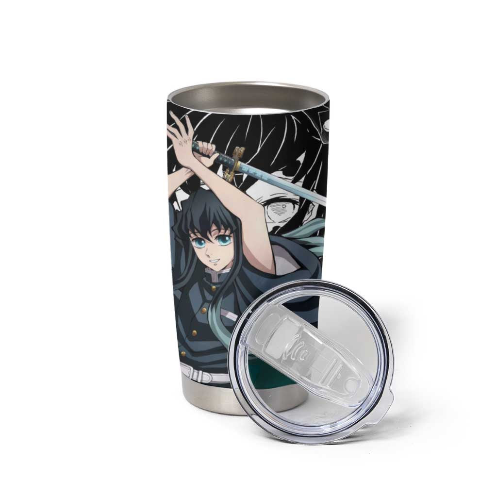 Muichiro Tokito Demon Slayer Mist Hashira Design Tumbler Cup with Manga Panels and Teal Sword Art - The Mazicc