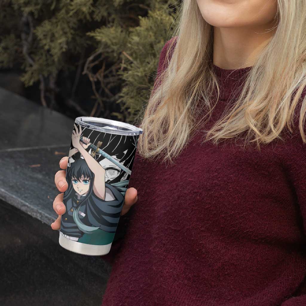 Muichiro Tokito Demon Slayer Mist Hashira Design Tumbler Cup with Manga Panels and Teal Sword Art - The Mazicc