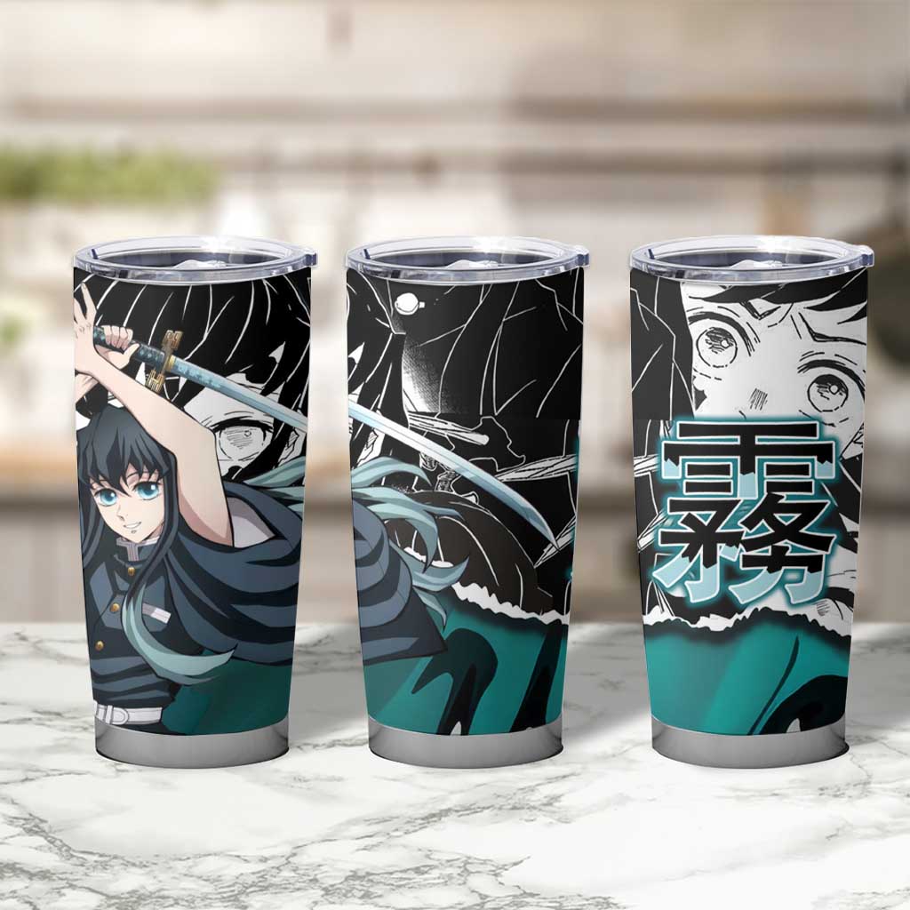 Muichiro Tokito Demon Slayer Mist Hashira Design Tumbler Cup with Manga Panels and Teal Sword Art - The Mazicc