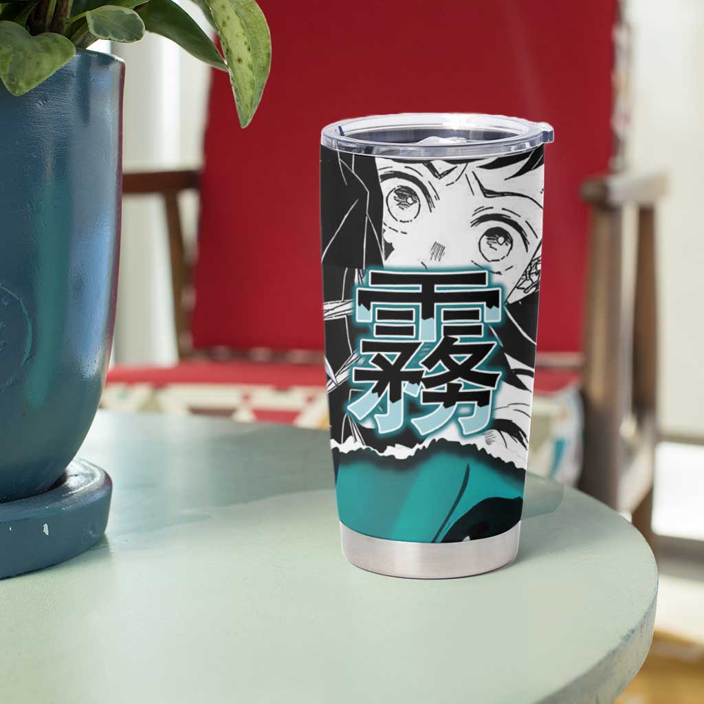 Muichiro Tokito Demon Slayer Mist Hashira Design Tumbler Cup with Manga Panels and Teal Sword Art - The Mazicc