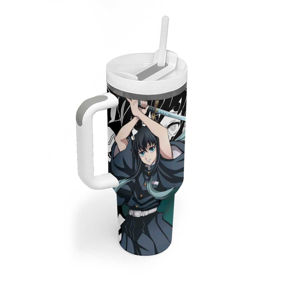 Muichiro Tokito Demon Slayer Mist Hashira Design Tumbler With Handle with Manga Panels and Teal Sword Art - The Mazicc