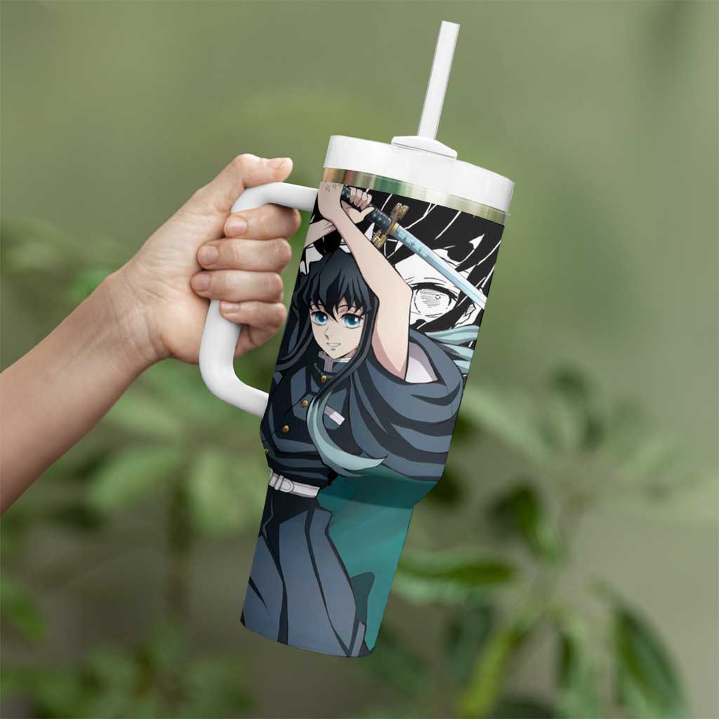 Muichiro Tokito Demon Slayer Mist Hashira Design Tumbler With Handle with Manga Panels and Teal Sword Art - The Mazicc