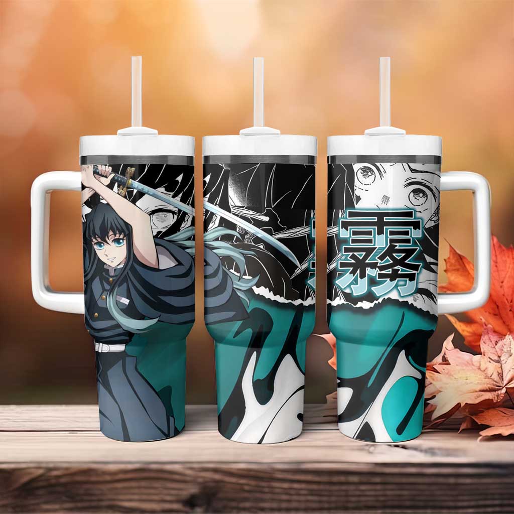 Muichiro Tokito Demon Slayer Mist Hashira Design Tumbler With Handle with Manga Panels and Teal Sword Art - The Mazicc