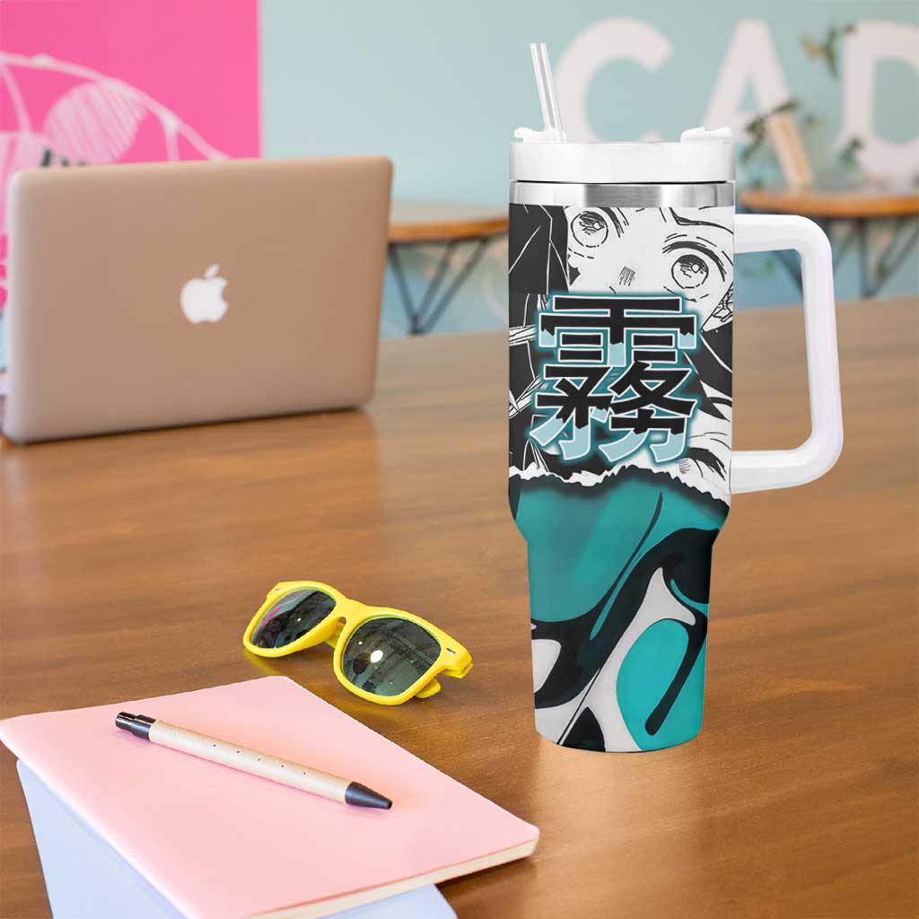 Muichiro Tokito Demon Slayer Mist Hashira Design Tumbler With Handle with Manga Panels and Teal Sword Art - The Mazicc