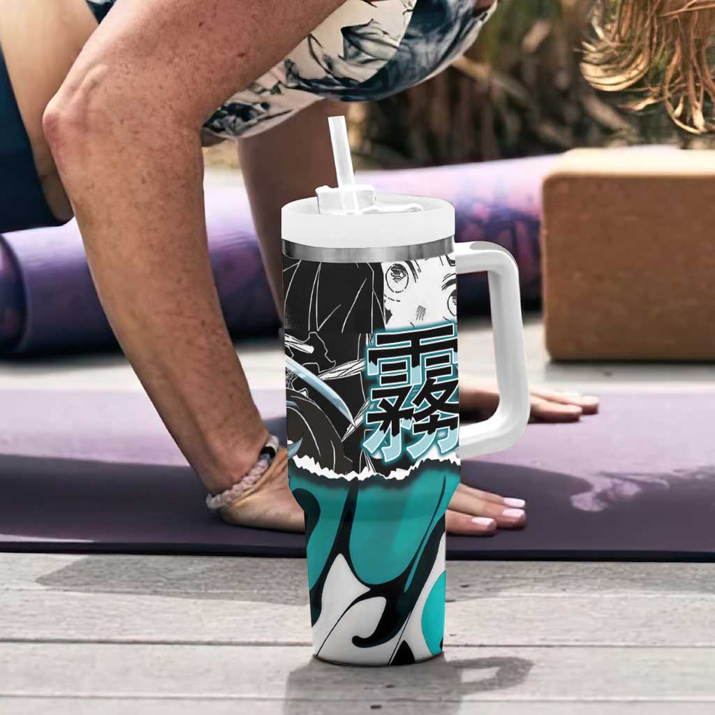 Muichiro Tokito Demon Slayer Mist Hashira Design Tumbler With Handle with Manga Panels and Teal Sword Art - The Mazicc