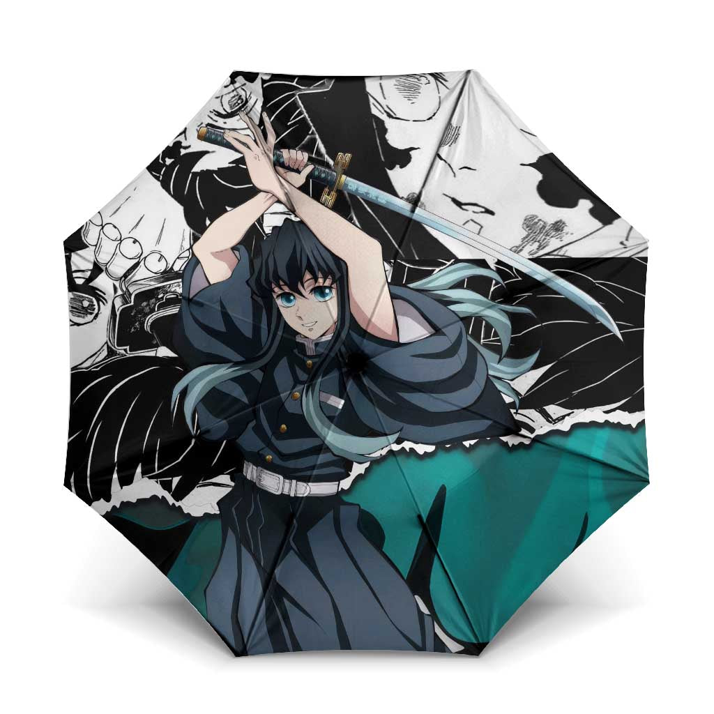 Muichiro Tokito Demon Slayer Mist Hashira Design Umbrella with Manga Panels and Teal Sword Art - The Mazicc
