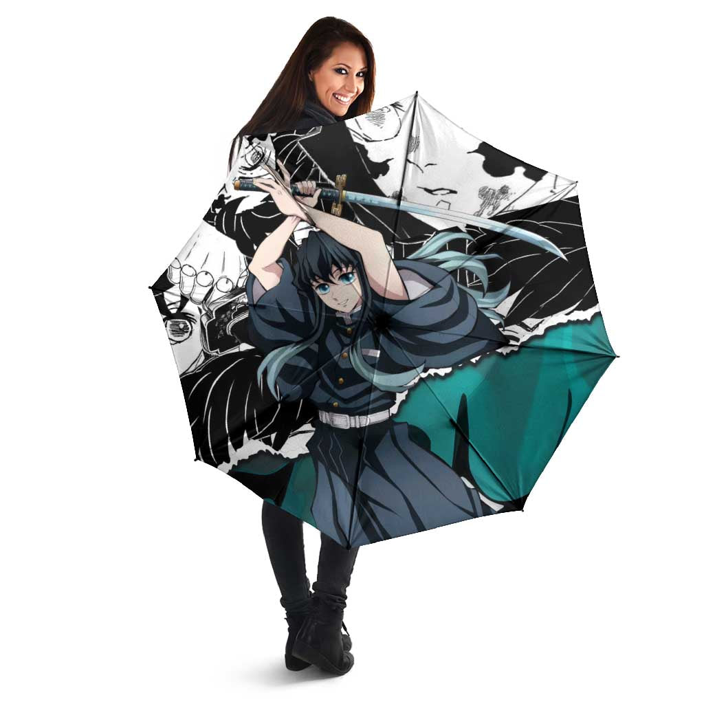 Muichiro Tokito Demon Slayer Mist Hashira Design Umbrella with Manga Panels and Teal Sword Art - The Mazicc