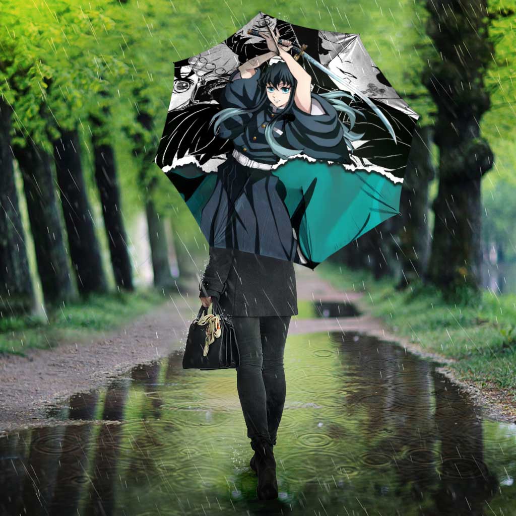 Muichiro Tokito Demon Slayer Mist Hashira Design Umbrella with Manga Panels and Teal Sword Art - The Mazicc