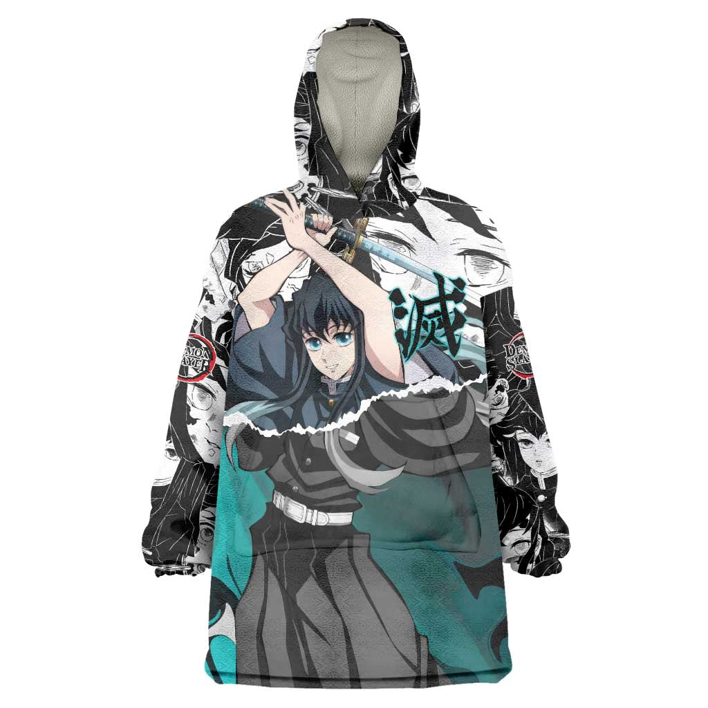 Muichiro Tokito Demon Slayer Mist Hashira Design Wearable Blanket Hoodie with Manga Panels and Teal Sword Art - The Mazicc