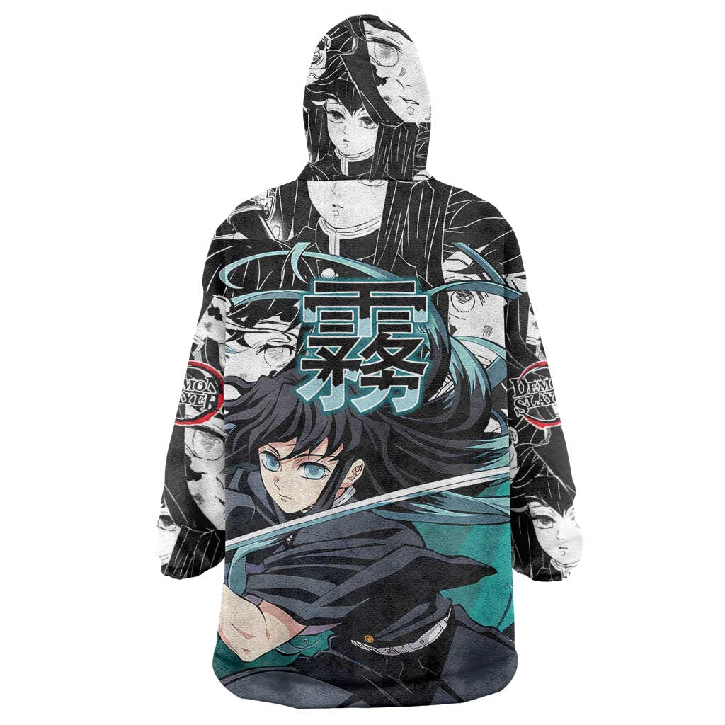 Muichiro Tokito Demon Slayer Mist Hashira Design Wearable Blanket Hoodie with Manga Panels and Teal Sword Art - The Mazicc