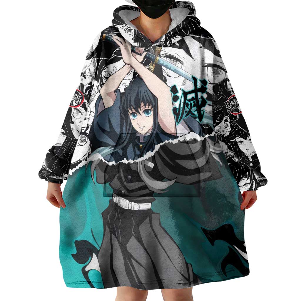 Muichiro Tokito Demon Slayer Mist Hashira Design Wearable Blanket Hoodie with Manga Panels and Teal Sword Art - The Mazicc