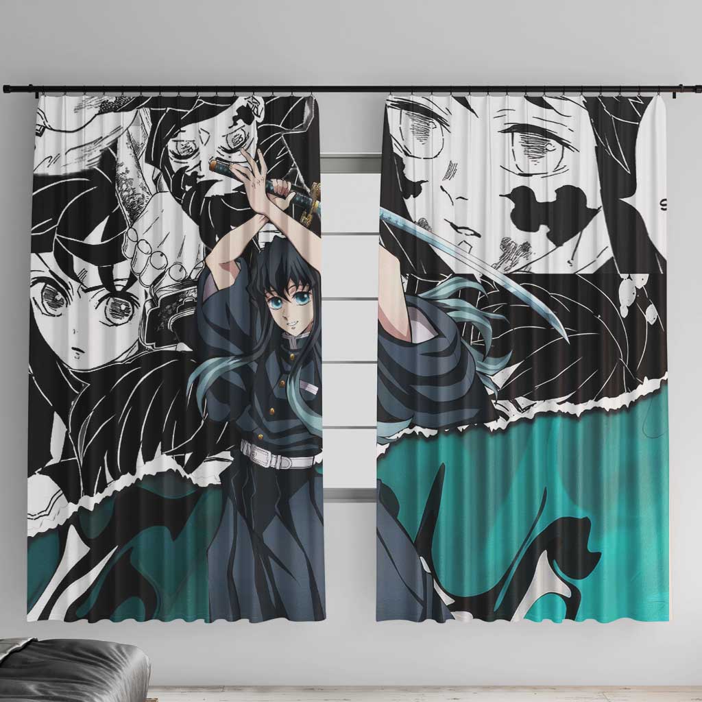 Muichiro Tokito Demon Slayer Mist Hashira Design Window Curtain with Manga Panels and Teal Sword Art - The Mazicc