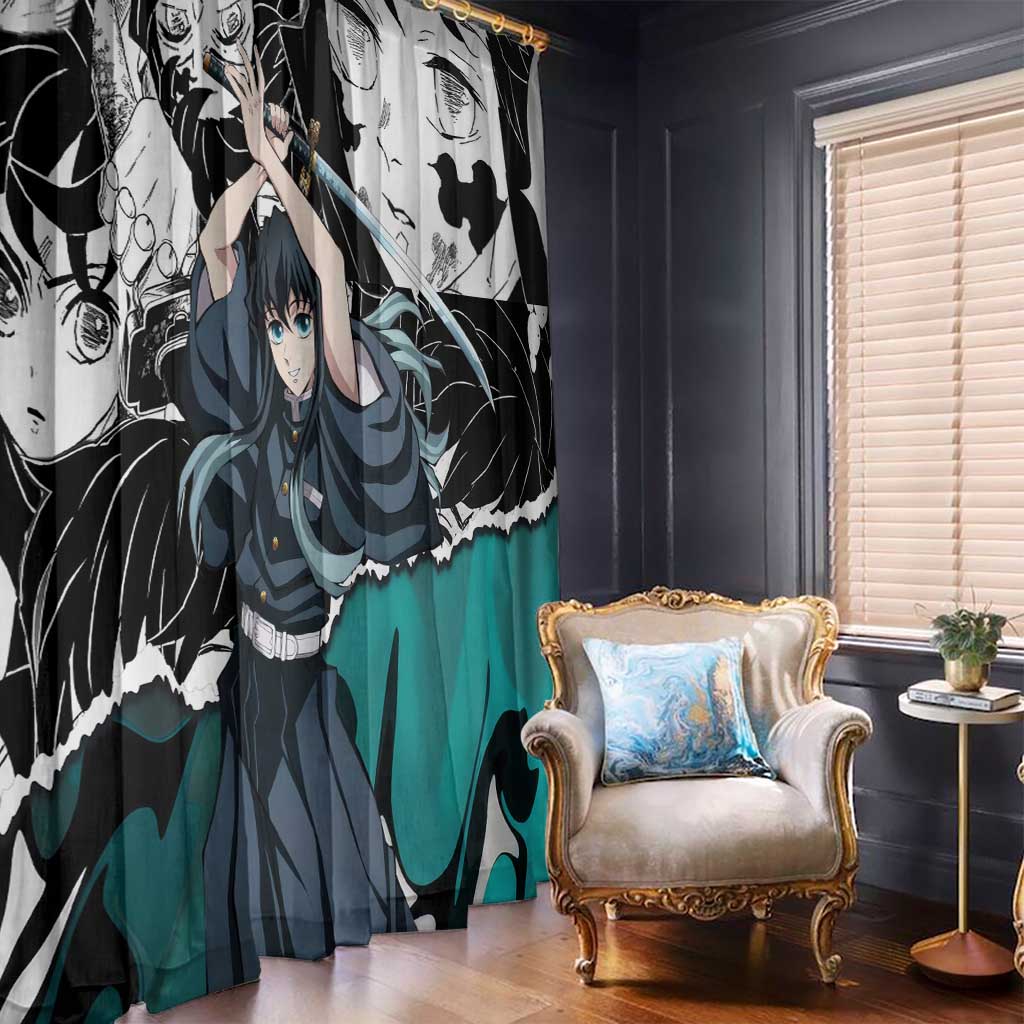 Muichiro Tokito Demon Slayer Mist Hashira Design Window Curtain with Manga Panels and Teal Sword Art - The Mazicc
