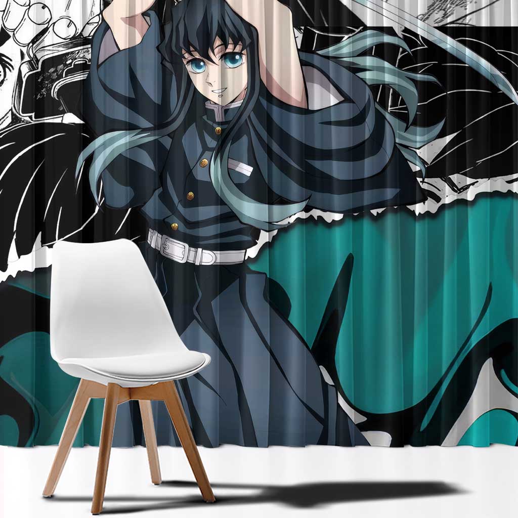 Muichiro Tokito Demon Slayer Mist Hashira Design Window Curtain with Manga Panels and Teal Sword Art - The Mazicc