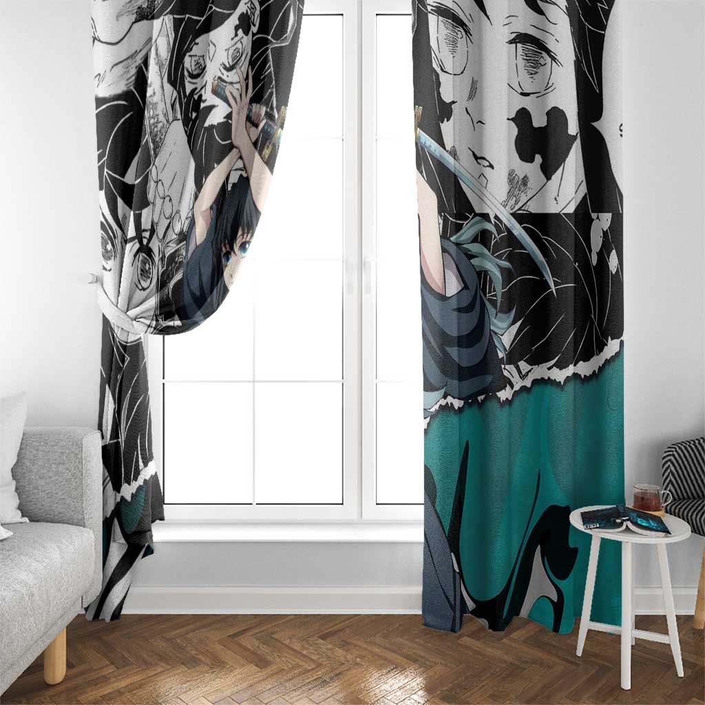 Muichiro Tokito Demon Slayer Mist Hashira Design Window Curtain with Manga Panels and Teal Sword Art - The Mazicc
