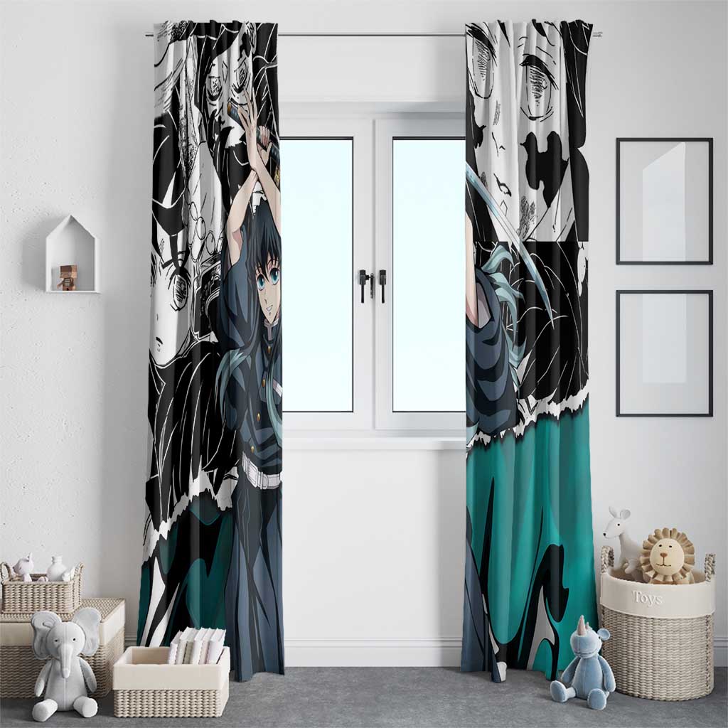 Muichiro Tokito Demon Slayer Mist Hashira Design Window Curtain with Manga Panels and Teal Sword Art - The Mazicc