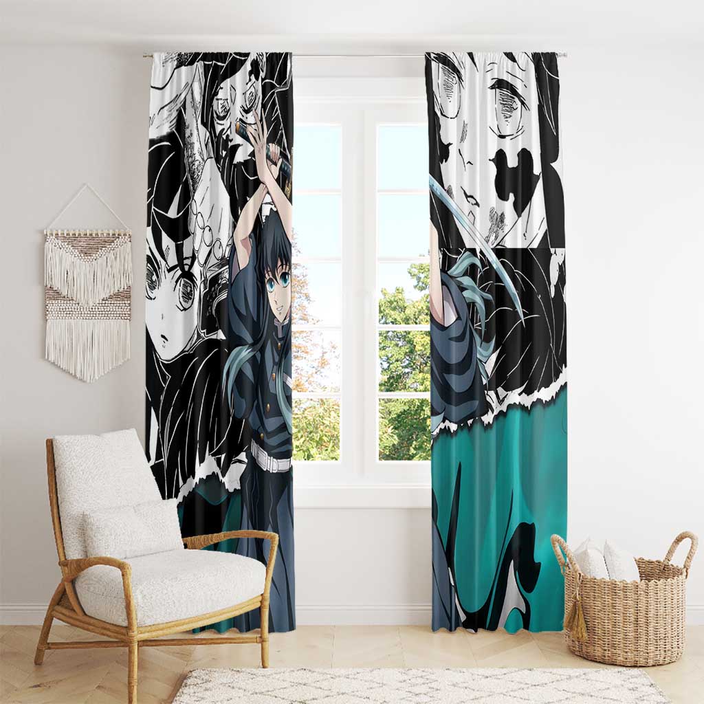 Muichiro Tokito Demon Slayer Mist Hashira Design Window Curtain with Manga Panels and Teal Sword Art - The Mazicc