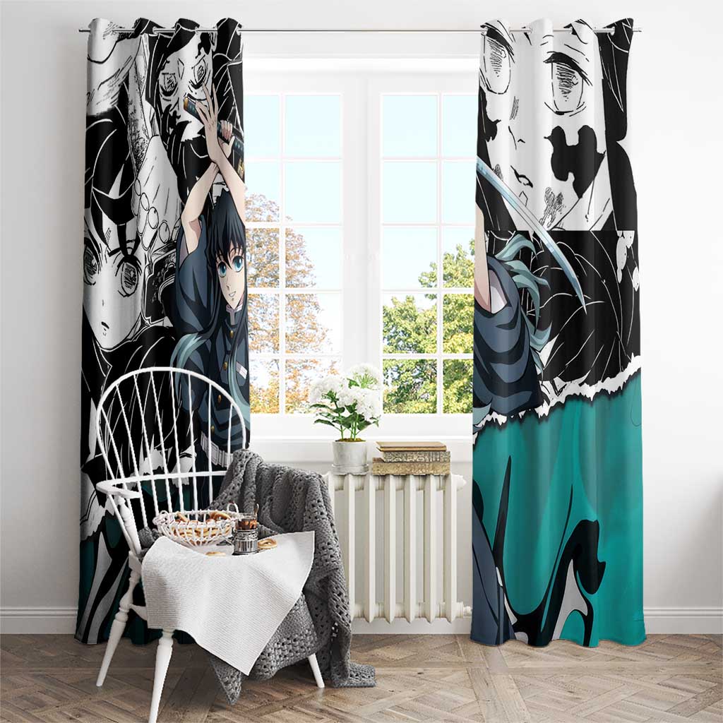 Muichiro Tokito Demon Slayer Mist Hashira Design Window Curtain with Manga Panels and Teal Sword Art - The Mazicc