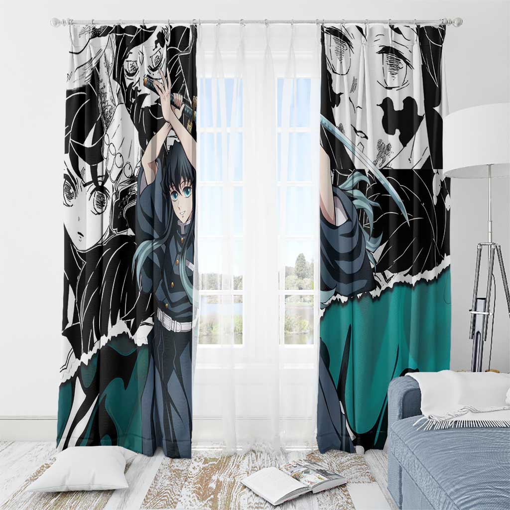 Muichiro Tokito Demon Slayer Mist Hashira Design Window Curtain with Manga Panels and Teal Sword Art - The Mazicc