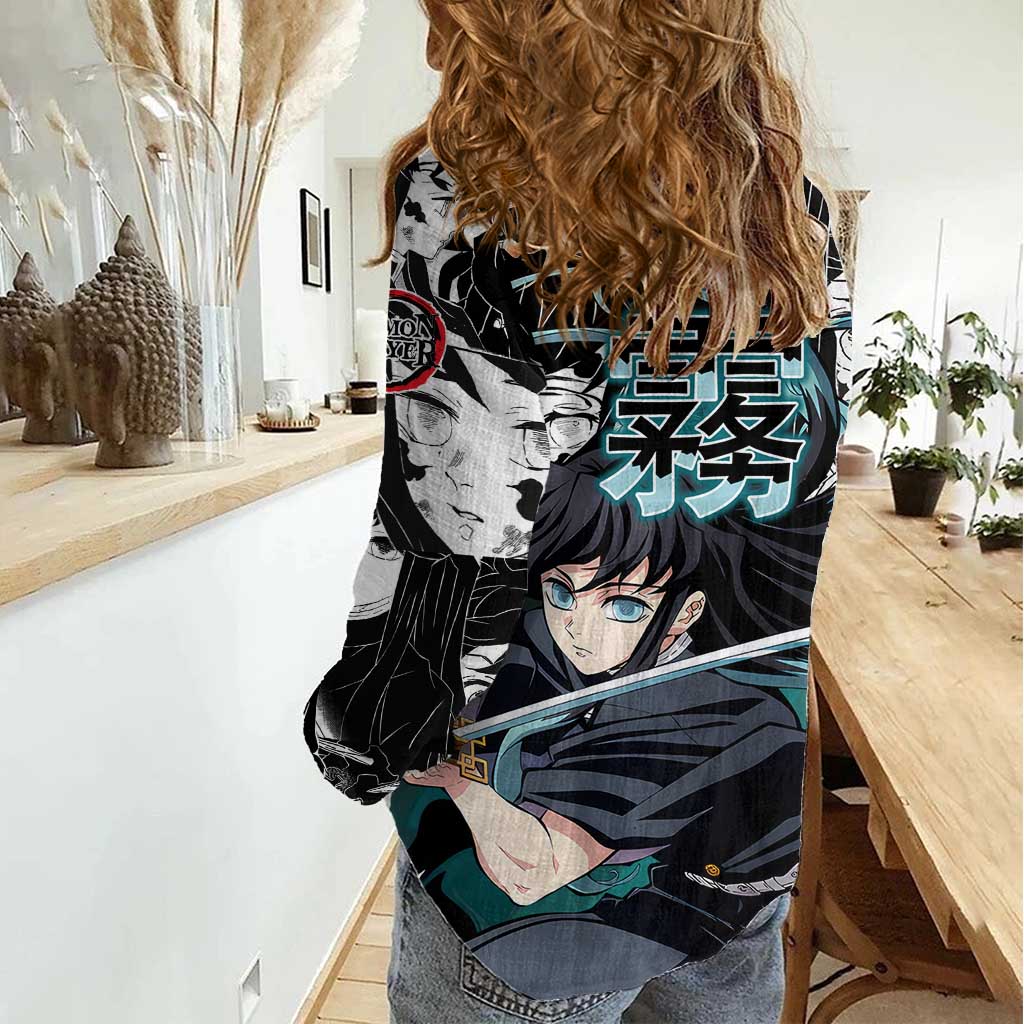 Muichiro Tokito Demon Slayer Mist Hashira Design Women Casual Shirt with Manga Panels and Teal Sword Art - The Mazicc