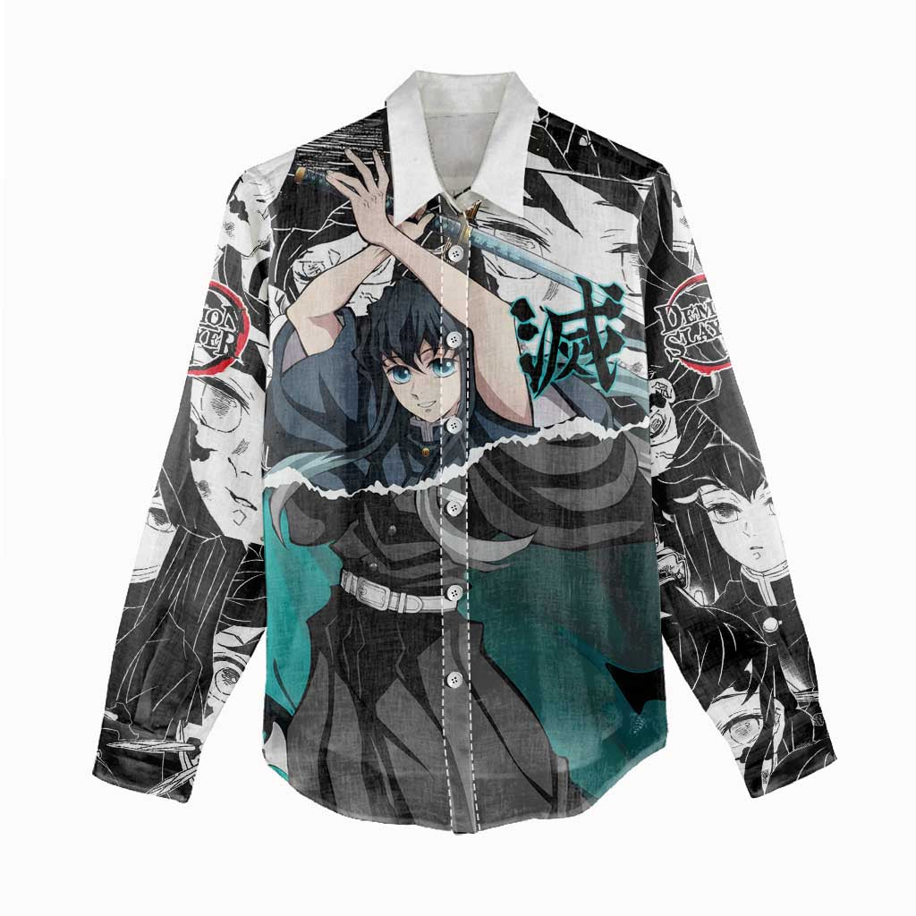 Muichiro Tokito Demon Slayer Mist Hashira Design Women Casual Shirt with Manga Panels and Teal Sword Art - The Mazicc