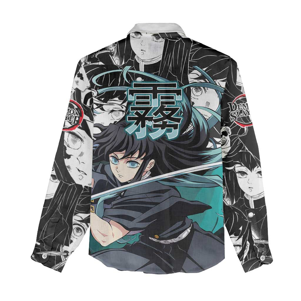 Muichiro Tokito Demon Slayer Mist Hashira Design Women Casual Shirt with Manga Panels and Teal Sword Art - The Mazicc