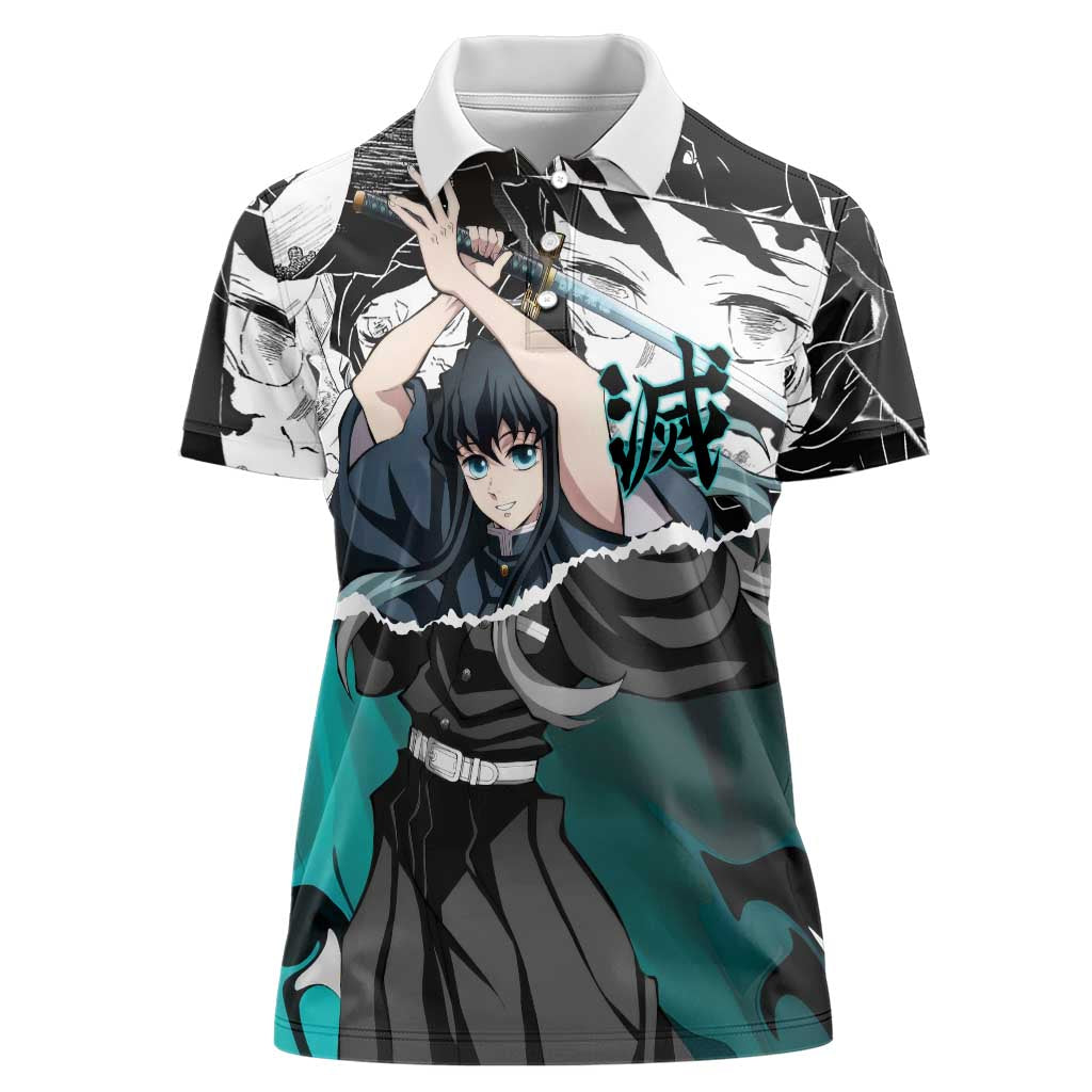 Muichiro Tokito Demon Slayer Mist Hashira Design Women Polo Shirt with Manga Panels and Teal Sword Art - The Mazicc