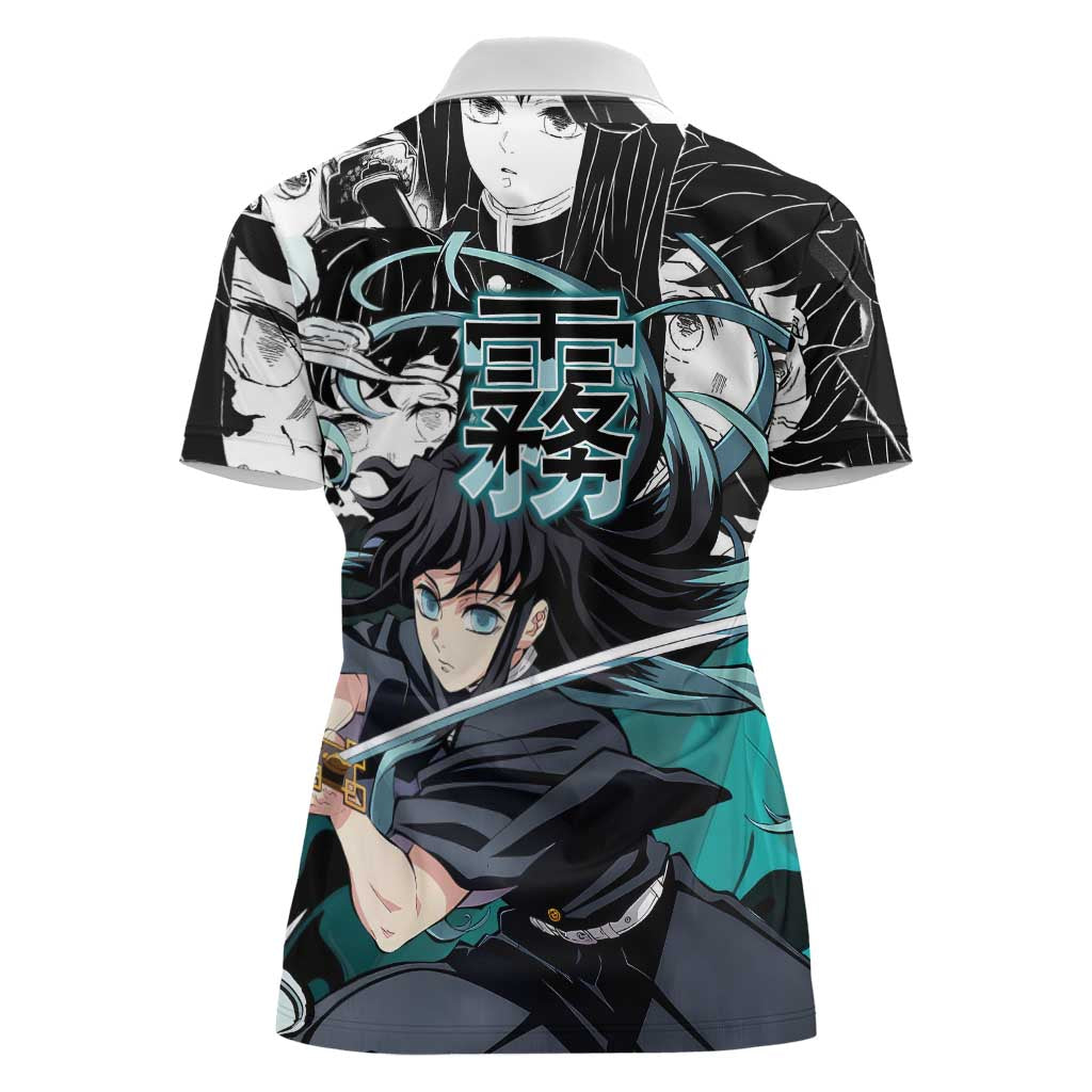 Muichiro Tokito Demon Slayer Mist Hashira Design Women Polo Shirt with Manga Panels and Teal Sword Art - The Mazicc