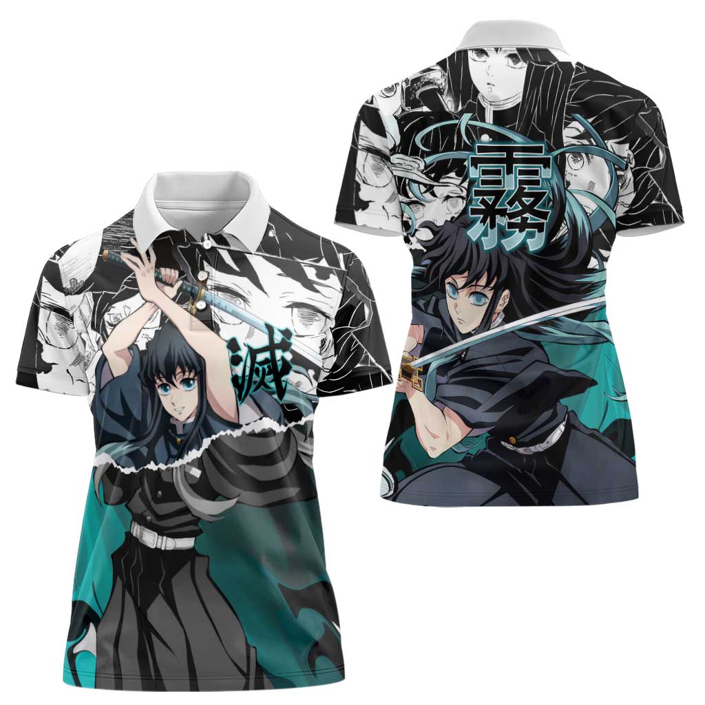 Muichiro Tokito Demon Slayer Mist Hashira Design Women Polo Shirt with Manga Panels and Teal Sword Art - The Mazicc