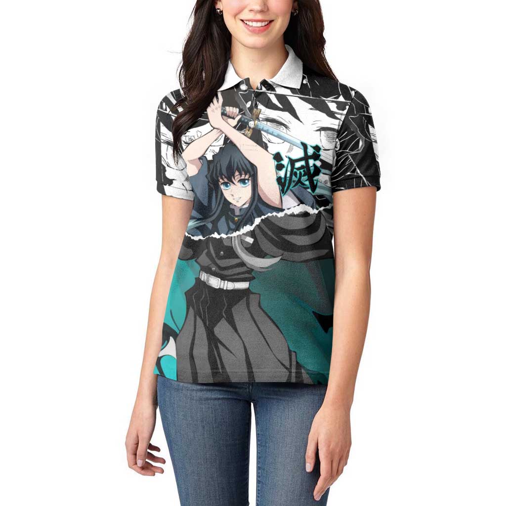 Muichiro Tokito Demon Slayer Mist Hashira Design Women Polo Shirt with Manga Panels and Teal Sword Art - The Mazicc