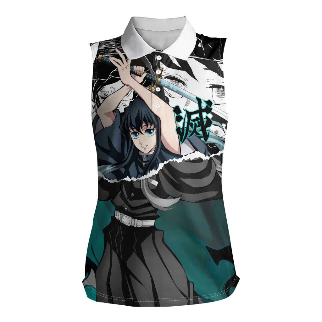 Muichiro Tokito Demon Slayer Mist Hashira Design Women Sleeveless Polo Shirt with Manga Panels and Teal Sword Art - The Mazicc