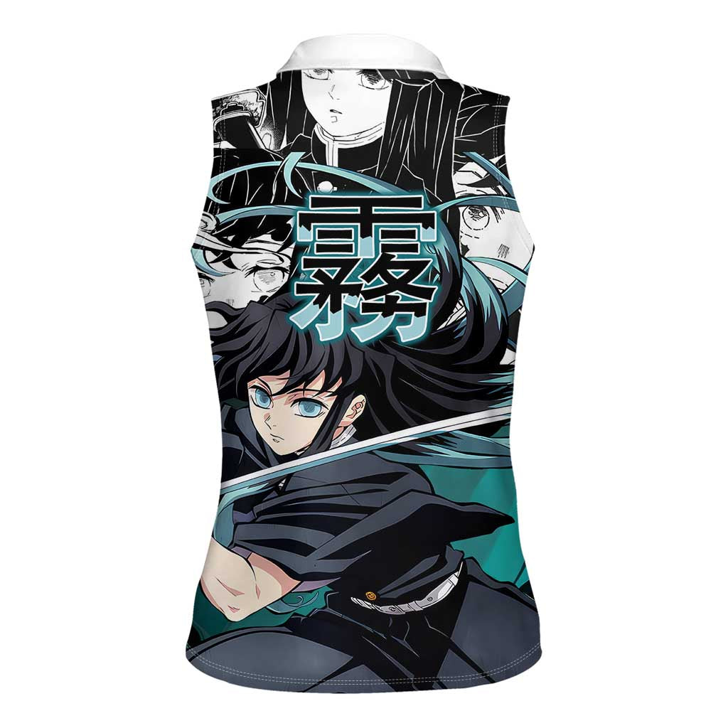 Muichiro Tokito Demon Slayer Mist Hashira Design Women Sleeveless Polo Shirt with Manga Panels and Teal Sword Art - The Mazicc