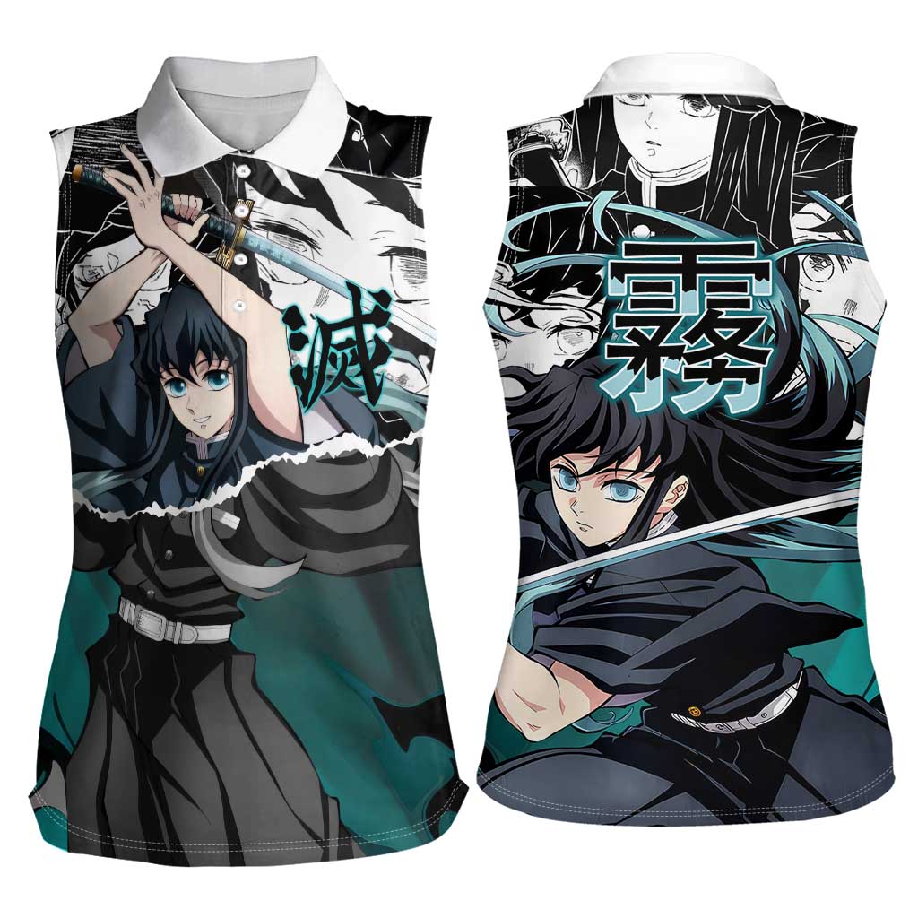Muichiro Tokito Demon Slayer Mist Hashira Design Women Sleeveless Polo Shirt with Manga Panels and Teal Sword Art - The Mazicc