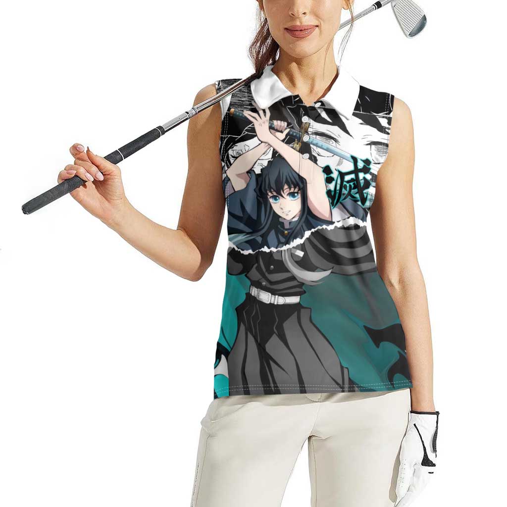 Muichiro Tokito Demon Slayer Mist Hashira Design Women Sleeveless Polo Shirt with Manga Panels and Teal Sword Art - The Mazicc