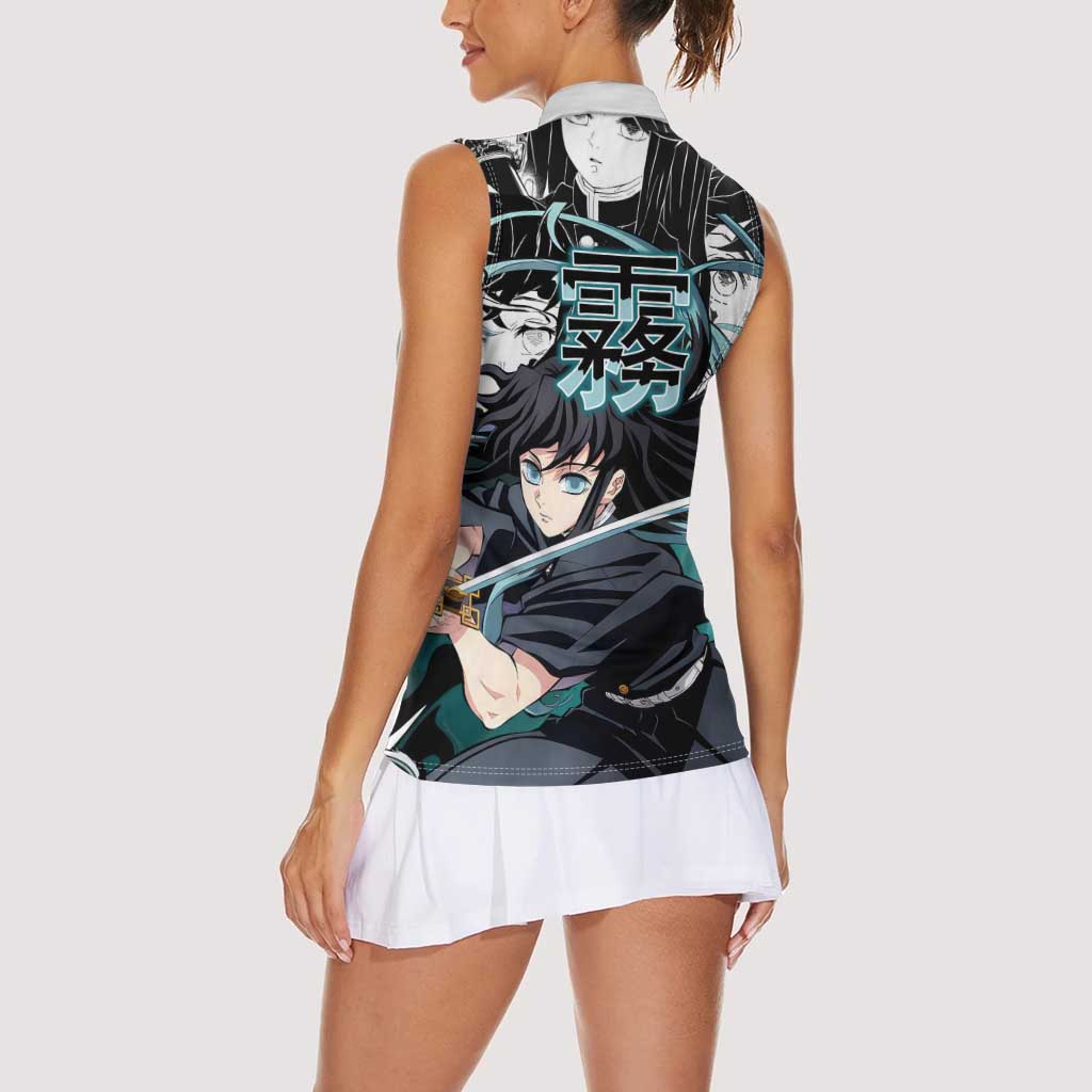 Muichiro Tokito Demon Slayer Mist Hashira Design Women Sleeveless Polo Shirt with Manga Panels and Teal Sword Art - The Mazicc