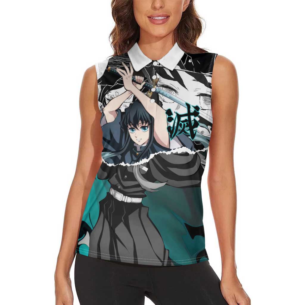 Muichiro Tokito Demon Slayer Mist Hashira Design Women Sleeveless Polo Shirt with Manga Panels and Teal Sword Art - The Mazicc